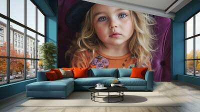 adorable toddler girl in halloween themed outfit sitting on a purple  couch looking curiously Wall mural