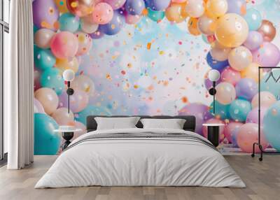 balloon arch decoration in pastel colors with confetti and festive atmosphere Wall mural