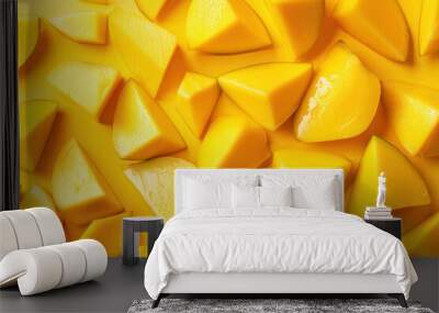 close up view of mango slices arranged in a pattern on a yellow background Wall mural