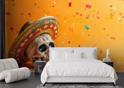 colorful mexican sugar skull with decorative sombrero on vibrant orange background with confetti Wall mural