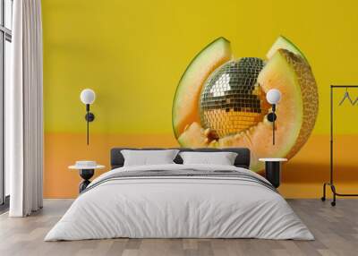 creative concept of a melon with a disco ball inside on a vibrant background Wall mural