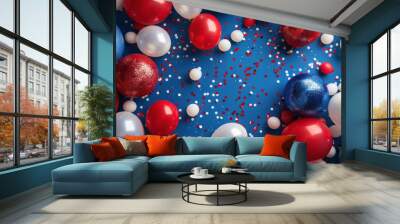 festive red, white, and blue balloons with confetti on a vibrant blue background Wall mural