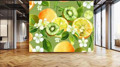 fresh citrus fruit pattern with blossoms on green background Wall mural