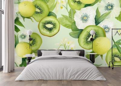 fresh seamless pattern with collection kiwi , blossoms and lime slices  in clipart watercolor design  Wall mural