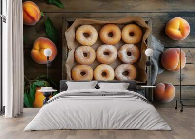 fresh sugar dusted doughnuts peach flavor  in a wooden box on rustic table Wall mural