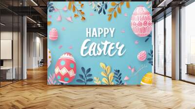 happy easter greeting with decorative eggs and spring foliage Wall mural