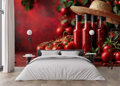 homemade tomato hot sauce in bottles with fresh ingredients on rustic background Wall mural