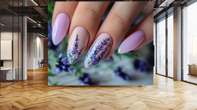 lavender nail art on glossy almond shaped nails with natural elements Wall mural