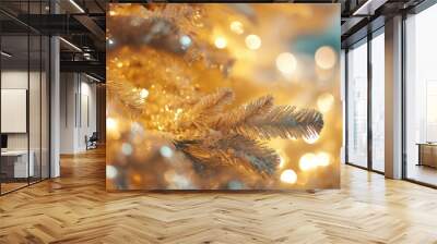 panoramic view of a golden christmas tree adorned with sparkling lights and glittering decorations Wall mural