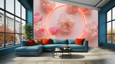 pastel pink with coral colors  flowers with neon  peach light circle on a soft background Wall mural