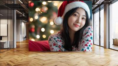 portrait of a korean woman wearing a santa hat and christmas-themed sweater with a decorated tree in the background Wall mural