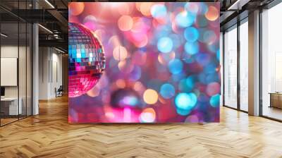 reflective disco ball in party setting with colorful bokeh, copy space for  text  Wall mural