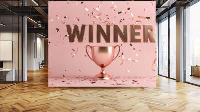 rose gold trophy cup with confetti on pink background celebration concept with letter winner on top  Wall mural