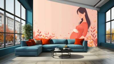 tranquil pregnant woman enjoying nature in a serene flat illustration Wall mural