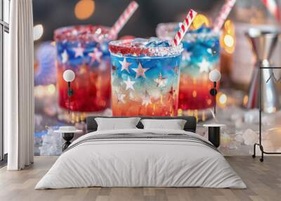 vibrant layered cocktails in red, white, and blue with festive bokeh lights and decorations Wall mural