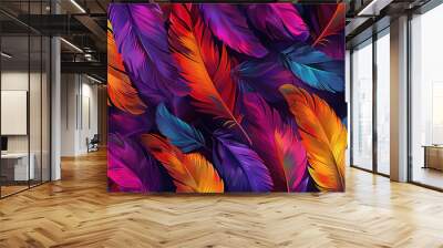 vibrant multicolored feathers seamless pattern for textile design Wall mural