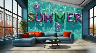 vibrant summer lettering with pool floats in a shimmering pool, invoking a sense of seasonal fun Wall mural