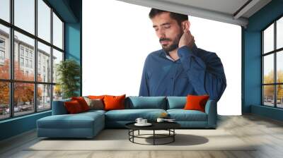 Young businessman wearing blue shirt holding his neck on white b Wall mural