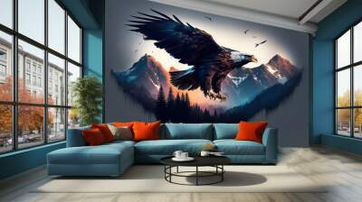 Bald eagle flying and gliding slowly on the sky over high mountains. Generative AI Wall mural