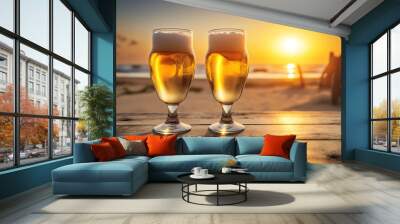 Beer on a beach. Cold beer glass on beatiful coast beach with calm sea. Generative AI Wall mural