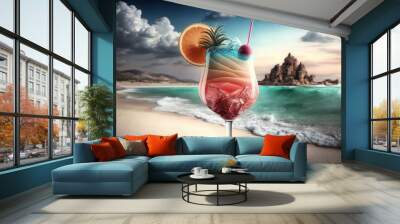 Cocktail on a beach. Cold drink on beatiful coast beach with calm sea. Generative AI Wall mural