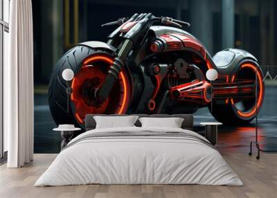 Exquisite custom bike in a studio, with a stunning red and chrome design, highlighting luxury and speed. Wall mural