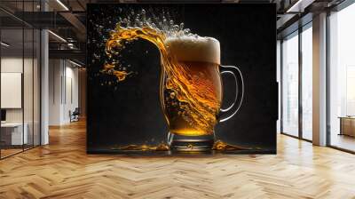 Glass of beer with splash. Beer splashes on dark background. Pouring beer. Generative AI Wall mural