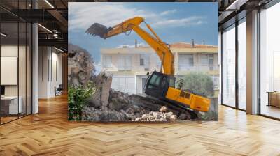 Building demolition excavator with long mechanical arm. Destruction of a house. Heavy machinery, hydraulic construction equipment. Wall mural