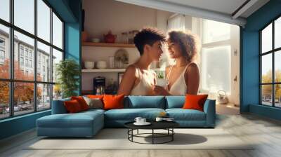 LGBT Lesbian couple love moments at home, happiness concept Wall mural