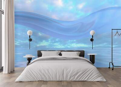 A romantic pedestal on the water against the background of the evening sky. A metal podium with a reflection of the sun and a fluttering fabric above it. 3D Render Wall mural