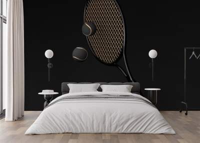 Glossy black and gold tennis racket and balls on a black background. 3D render Wall mural