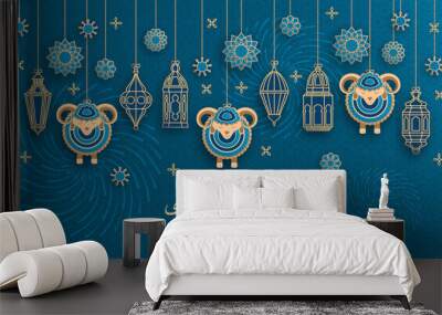 Eid Al Adha Background. Islamic Arabic lanterns and sheep. Translation Eid Al Adha. Greeting card. Vector illustration. Wall mural