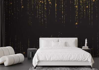 Festive explosion of confetti. Gold glitter background for the card, invitation. Holiday Decorative element. Illustration of falling shiny particles and stars isolated on dark background. Wall mural