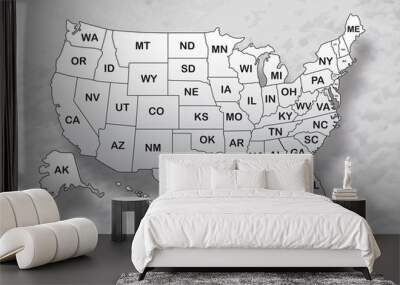 Poster map of United States of America with state names and shadow on the sky background. Black and white print map of USA for t-shirt, poster or geographic themes. Vector Illustration. Wall mural