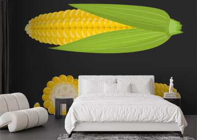 Set of sweet golden corn cobs and grains isolated on the black background Wall mural