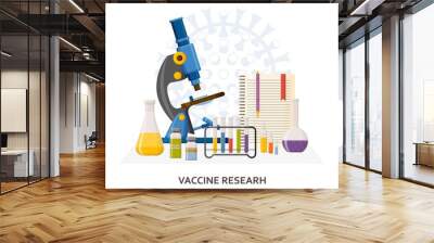 Vaccine research concept. Clinical trials background. Laboratory equipment such as microscope and flasks. Bottles with test vaccines. Vector illustration. Wall mural