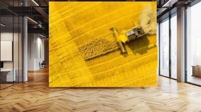 Aerial view of combine harvester. Harvest of rapeseed field. Industrial background on agricultural theme. Biofuel production from above. Agriculture and environment in European Union.  Wall mural