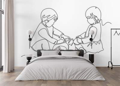 Continuous one line drawing Cute girl and boy playing with toys at home. Hangouts With Friends concept. Single line draw design vector graphic illustration. Wall mural