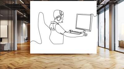 Continuous one line drawing happy boy wearing headset playing online video game on his computer. E-sports game concept. Single line draw design vector graphic illustration. Wall mural