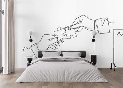 Single one line drawing Hands connecting jigsaw puzzle. Human relation Concept. Continuous line draw design graphic vector illustration. Wall mural