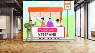 Two young men give thanks to soldiers who have become veterans and fought for their country. Vector colorful illustration. illustrator. Graphics. Illustration.  Wall mural