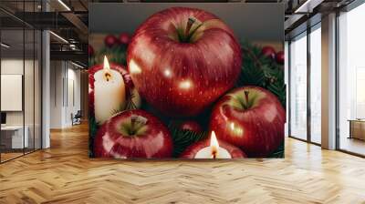 Red apples, berries and herbs for a pagan ritual on a light background with lit candles. Mabon, Samhain, Yule - the holidays of the autumn equinox. Wiccan religion and spiritual esoteric magic Wall mural