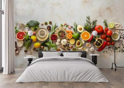 Healthy vegan dishes artfully arranged on a minimalist table, vibrant and fresh ingredients highlighted Wall mural