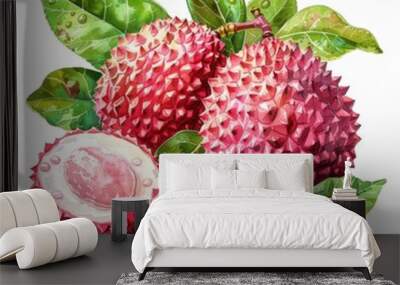 Lychees, peeled and whole, unique texture, watercolor style, isolated on white background Wall mural