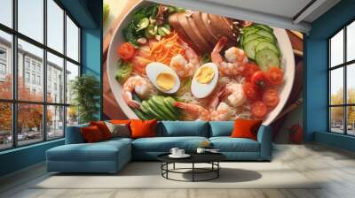 Place bowls of fresh vegetables, shrimp, fish, beef and chopsticks on the light-colored table. . Generative AI Wall mural