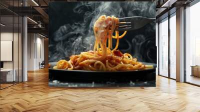 The plate of spaghetti is adorned with rich ingredients and steaming hot, with a fork lifting the spaghetti against a textured black background Wall mural