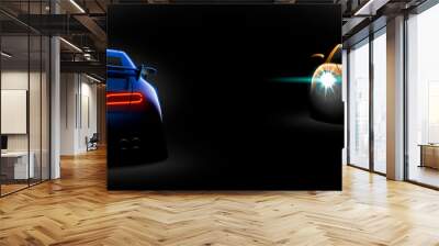 realistic blue yellow two sport car view with unlocked headlights in the dark Wall mural