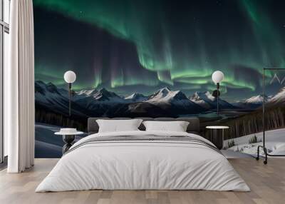 A mountain range under a starry sky, the peaks of which are illuminated by the northern lights Wall mural