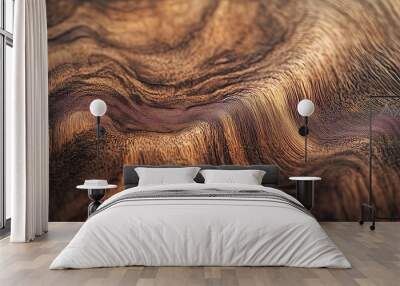 A close-up of walnut wood shows rich grains and warm tones, capturing its natural elegance. Wall mural