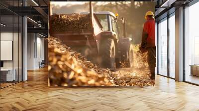 A farmer collects biomass like wood chips and waste to promote renewable energy and sustainability. Wall mural